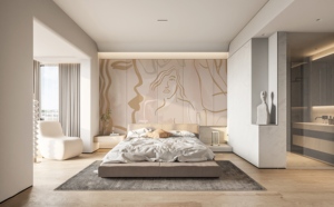 <span class=keywords><strong>Papier</strong></span> <span class=keywords><strong>peint</strong></span> abstrait grand format beige et or à motifs pour la décoration murale des espaces résidentiels et commerciaux, en matériau écologique - Product Image 4