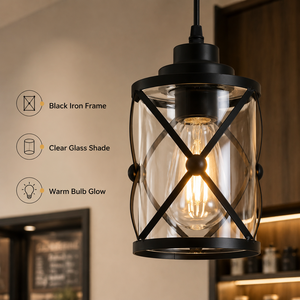 Suspension moderne en verre avec cadre en fer noir, abat-jour transparent, E27, lumière chaude, pour salle à manger, restaurant, bar, couloir, décoration intérieure - Product Image 2
