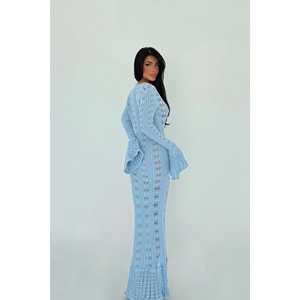 Vestido Largo Informal con Detalle de Botones Azules para Verano, Silueta Lápiz, Manga Corta, Largo Midi, Estampado Sólido y con Patrón - Product Image 1