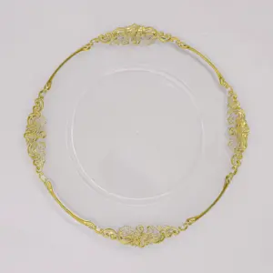 Placa de carregadores de plástico para restaurante, carregador de jantar, edg, decorado em ouro transparente brilhante, para casamento