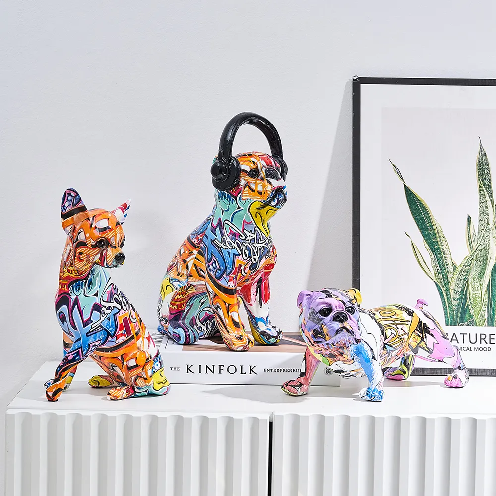 Nordic Home Decor Creative Colorful Dog Statue Resin Modern Graffiti Art Room Bookshelf TV Cabinet Decor Animal Ornament Gift