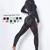 Ensemble de sport 2 pièces sexy pour femme, sans couture, en maille ajourée, avec leggings de yoga à manches longues, motif uni, taille haute élastique et respirant