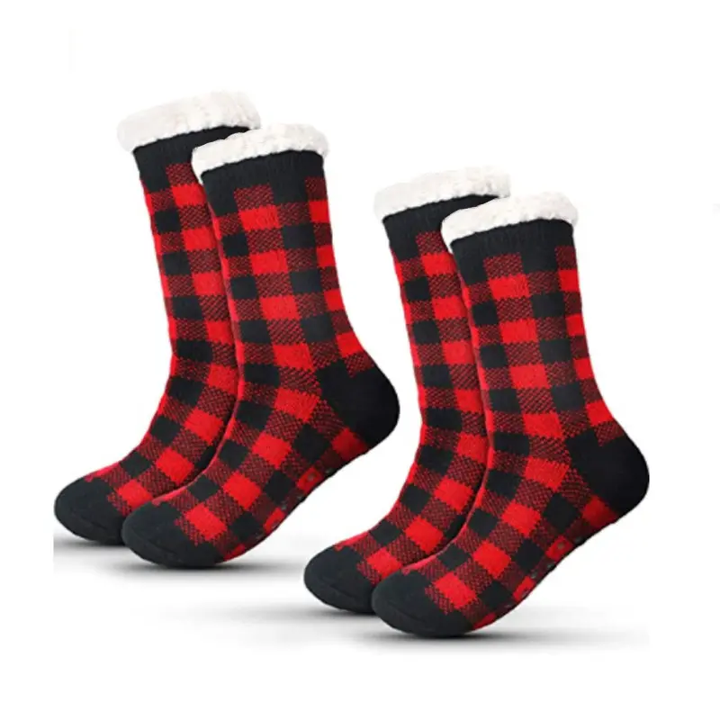 Sandal Sox desain kotak-kotak uniseks, kaus kaki pegangan natal wanita bulu domba Sherpa berbulu halus hangat musim dingin