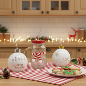 كؤوس زجاجية شفافة على شكل كرة عيد الميلاد، زجاجة نبيذ مع قش، أكواب مشروبات على شكل رجل الثلج - Product Image 1