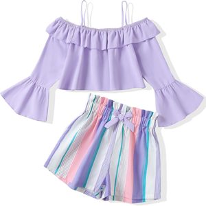 Abbigliamento Estivo alla Moda per Ragazze, Completi Carini per Bambini, Set con Top Corto a Maniche Lunghe e Pantaloncini con Stampa Floreale Boho per Occasioni Casual e Feste - Product Image 3
