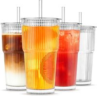 Gobelets en verre de 20 oz avec pailles et couvercles, gobelets à café glacé côtelés, étanches, à paroi épaisse, idéaux pour le café glacé, les cocktails, les jus