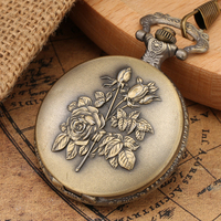 Montre de poche vintage rose fleur avec mouvement à quartz-finition bronze antique, style steampunk élégant avec chaîne pour cadeau