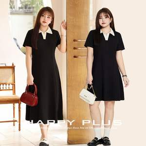 เดรสไหมพรมทรงเอไลน์สำหรับสาวอวบ สีดำ ยาว สีพื้น คอปกตัดสี คอปกพับลง เอวธรรมชาติ - Product Image 4