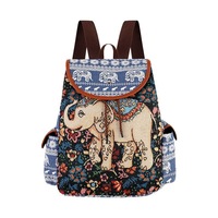 Sac à dos ethnique grande capacité pour femme, brodé éléphant et chat, en toile, fermeture éclair, 20-35L, idéal voyage