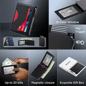 Carteira com bloqueio RFID de bolso frontal carteira de couro slim pop-up porta cartão de crédito com caixa