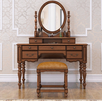 Coiffeuse française antique Bureau de maquillage rétro avec miroir en bois Chaise rembourrée Mobilier classique européen