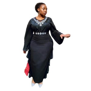 Vente en gros de nouveaux produits : Robe de soirée en mousseline de soie à manches longues, couleur unie, ornée de perles, tendance - Product Image 2