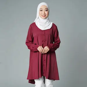 Muslimah休闲长袖智能领衬衫女士适中的伊斯兰服装muslima纯色上衣