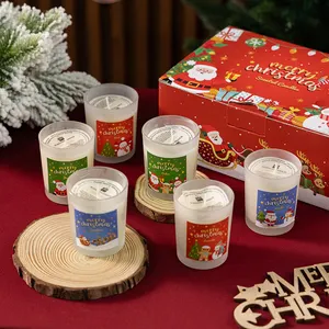 Kotak hadiah liburan Natal set isi 6 buah cangkir kaca buram lilin kedelai beraroma lilin