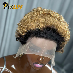 <span class=keywords><strong>Peluca</strong></span> de Cabello Humano al por Mayor, <span class=keywords><strong>Peluca</strong></span> de Encaje Estilo Antiguo, Color 1b/27, Cabello Rizado Ondulado, <span class=keywords><strong>Peluca</strong></span> de Cabello Natural con Corte Pixie, Venta Directa de Fábrica - Product Image 2