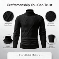 Pull col roulé en maille torsadée personnalisé pour homme, noir texturé, OEM ODM, vente en gros de tricots