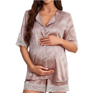 Ensemble de pyjamas de luxe en soie pour femmes, vêtements de maternité en soie avec dentelle, pyjama de maternité à col en V avec plis jacquard - Product Image 1