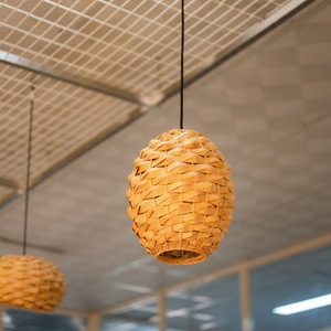 Luminaire suspendu en rotin tissé industriel de grande taille avec interrupteur, forme ovale E27 LED pour café - Product Image 1