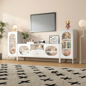 Meuble TV moderne style crème, luxe minimaliste, portes en verre cannelé, meuble TV avec rangement, console multimédia pour salon - Product Image 2