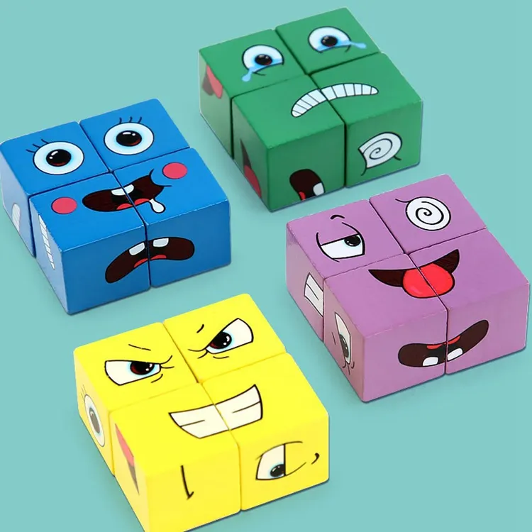 Cartoon Wooden Face Changing Cube Magic Building Blocks Game Montessori Toys 3D Puzzle Cube For Children XRH