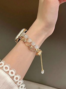 Pulsera de cuentas de piedra ojo de gato de lujo para Apple Watch 8 7, correa de metal ajustable para mujer, cadena de cuentas para reloj. - Product Image 5