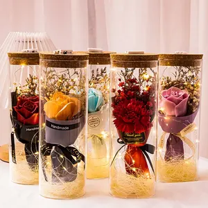 Valentine Rose Sunflower Preserved Flowers Birthday Gift Soap Floral Wedding Decoration Eternal Flower with Light Glass Cover