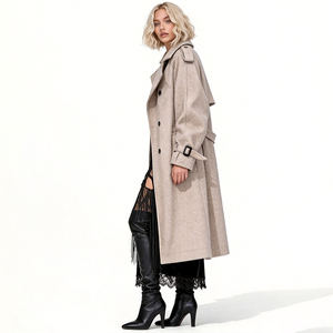 Manteau en laine pour femme - Élégant manteau long d'hiver à double boutonnage avec ceinture, coupe ajustée, couleur avoine - Logo personnalisé - Product Image 2