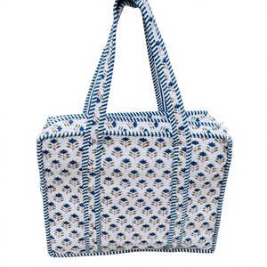 Large Cotton Quilted Zipper Duffle Tote Shoulder <b>Bag</b>, Floral Print, Eco friendly Yoga Shopping Beach Boho Weekender <b>Bags</b> - Product Image 1