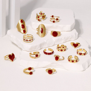 Anello Regolabile in Acciaio Inossidabile Stile Retrò Francese alla Moda, Smaltato <span class=keywords><strong>Rosso</strong></span> <span class=keywords><strong>Vino</strong></span>, per Ragazze - Product Image 1