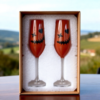 Verre à vin en verre soufflé à la main, motif citrouille peinte à la main pour Halloween, orange côtelé, pour décoration de fête, personnalisable
