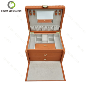 Boîte à bijoux vide de luxe haut de gamme en PU orange rouge, grande capacité, multi-niveaux, avec miroir, pour collectionner et ranger les bijoux - Product Image 1