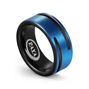 Wholesale jewelry 8mm Black blueTungsten Ring For Men Women Engagement Band Brushed Grooved Beveled Comfort Fit