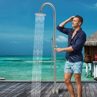 Colonne de douche extérieure contemporaine murale Huagao en acier inoxydable avec robinets électriques, finition laiton et cartouche céramique