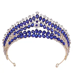 Moda blu fatta a mano strass colore perline copricapo da sposa corona festa del ballo di fine anno principessa diadema di nozze