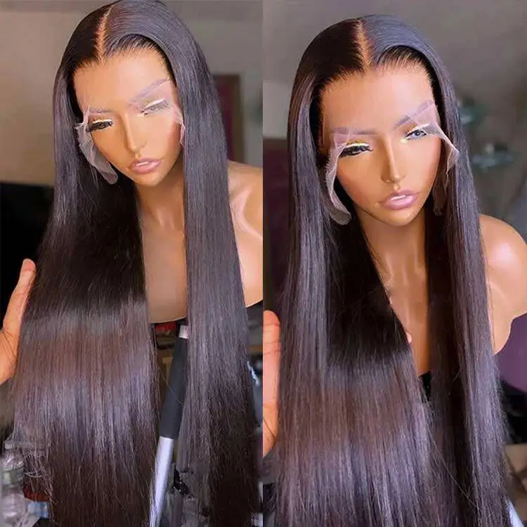 26 28 inç düz dantel ön peruk siyah kadınlar için brezilyalı düz ön peruk 13X4 şeffaf dantel ön İnsan saç peruk