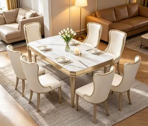 Juego de Comedor de Lujo con Mesa de Mármol, 6 Plazas con Sillas de Cuero Crema y Estructura Dorada - Product Image 1