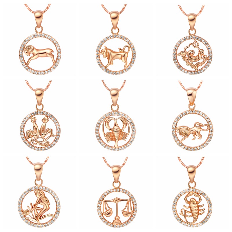 Environmentally Friendly Hollow Rose Gold Plating Women Copper Alloy Zodiac Round Twelve Aquarius Pendant Necklace