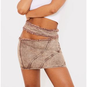 กระโปรงยีนส์สั่งทำสำหรับผู้หญิง ผ้าฝ้าย 100% เอวสูง สไตล์วินเทจ สีน้ำตาล แต่งพู่และลูกไม้ กระโปรงสั้น - Product Image 2