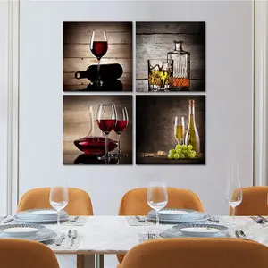 酒杯现代厨房墙壁艺术餐厅墙壁装饰4面板抽象帆布印刷艺术品复古图片