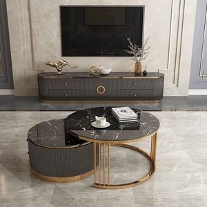 Modernes Luxuriöses Nordisches Smartes Gold-Schwarzes Metall-Steinplatten Wohnzimmer <span class=keywords><strong>TV</strong></span>-Schrank Set Couchtische Möbel <span class=keywords><strong>TV</strong></span>-Ständer - Product Image 3