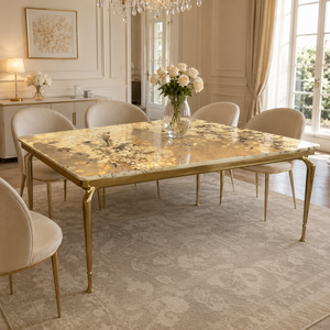 Table à manger personnalisée, plateau rectangulaire, style moderne, villa, 6 à 8 places, pieds en métal, meubles en pierre, luxe, quartzite Pandora rétroéclairé - Product Image 3