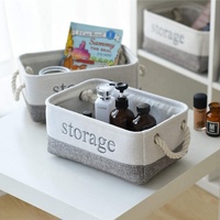 Panier de rangement pliable en tissu de coton et de lin, créatif, blanc et gris, pour vêtements, avec corde en coton