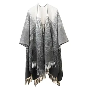 2022 new shawl gradual autumn winter cashmere fashion cape tassel tricot knitted shawl cashmere poncho for ladies