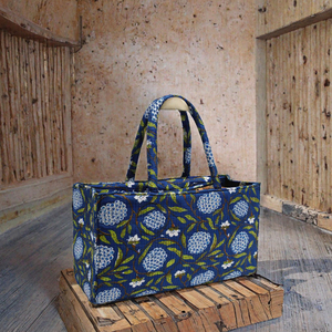 Bolso Tote de Algodón con Estampado Floral Azul para Mujer, Estilo Bohemio, Abierto, para Compras, Uso Casual en Todas las Temporadas - Product Image 1