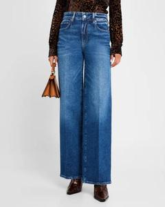 Pantalon large classique pour femmes de bureau, bleu foncé, taille haute, coupe droite, jean pour femmes - Product Image 5
