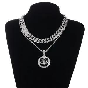 New Fashion Full Diamond Round Full Eye US Dollar Smiling Face Pendant Hip Hop Cuba Matching Necklace Couple Friend Set