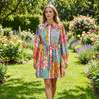 Robe chemise mini pour femme, style décontracté et festif, à col, manches longues, motif floral à pois, patchwork color block, avec ceinture à nouer, ODM