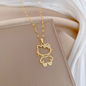 Collier pendentif Hello Kitty plaqué or et argent pour femme, avec zircone cubique <span class=keywords><strong>brillante</strong></span>, en acier inoxydable ajouré, chaîne de clavicule motif dessin animé - Product Image 3