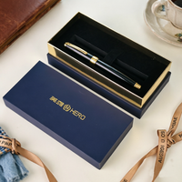 Boîte à stylos en papier bleu foncé mat avec logo personnalisé en estampage doré, insert en EVA, emballage de stylos de qualité supérieure pour la vente en gros, cadeau d'entreprise