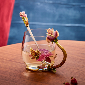 RORO Lujo Rosa flor diseño rosa color esmalte decorativo pintura hecha a mano turco vidrio té café taza de agua <span class=keywords><strong>con</strong></span> cuchara - Product Image 1